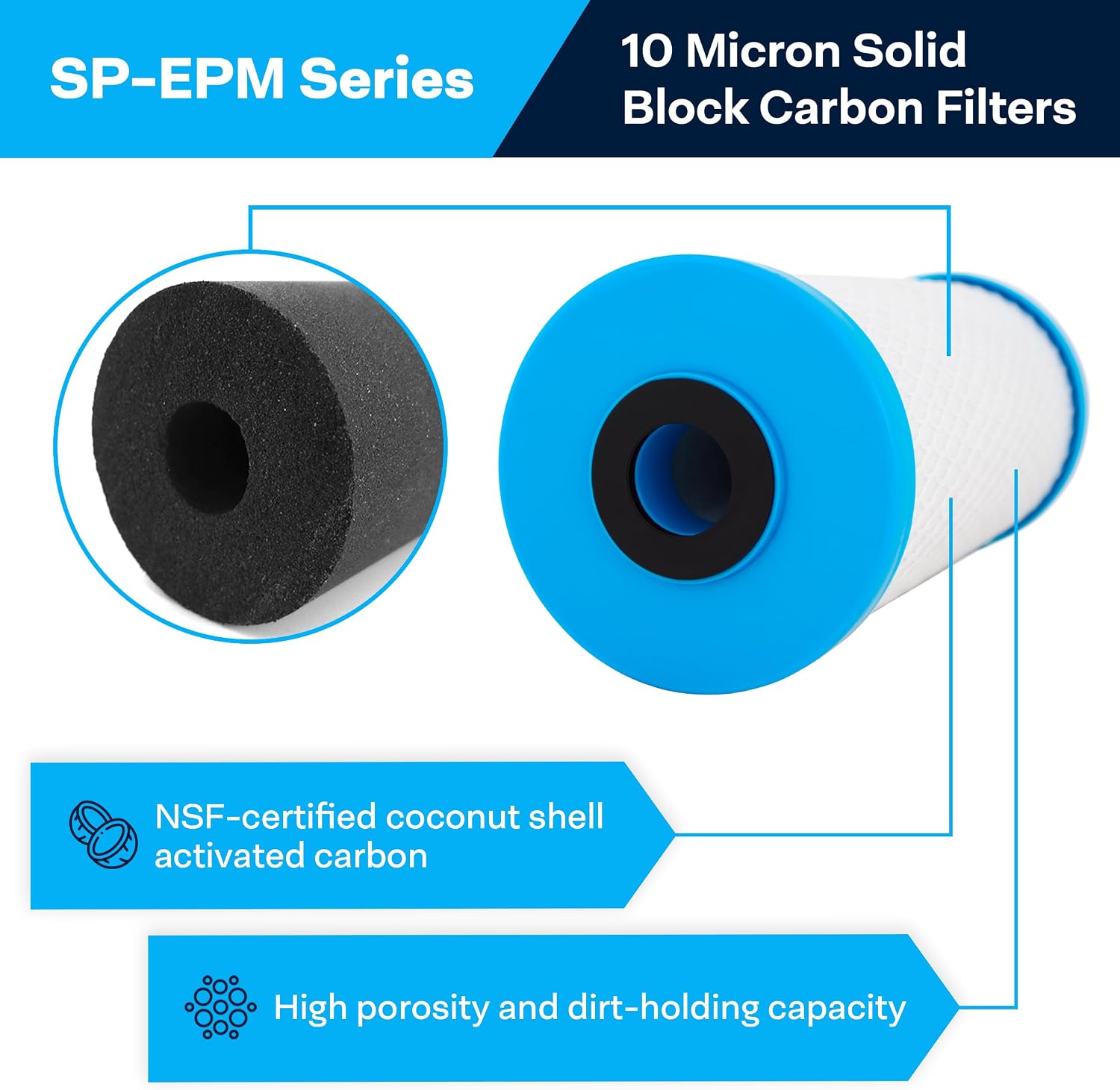 SpiroPure SP-EPM-BB 10x4.5 10 Micron NSF Certified Coconut Shell Carbon Block Water Filter Cartridge EPM-BB 155782-43 CB-45-1010 (Case of 6)