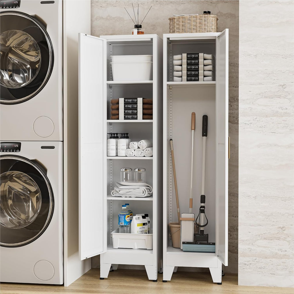 67' Tall Storage Cabinet with Reversible Doors and Adjustable Shelves,Metal Slim Freestanding Cabinet for Bathroom Kitchen Garage Small Spaces,White1 Pack