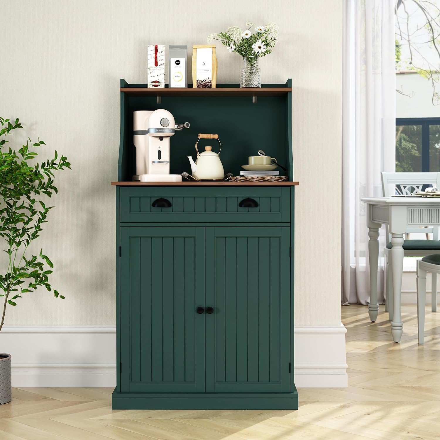 HOLTICO 54' Kitchen Pantry Storage Cabinet with Doors and Adjustable Shelves, Green Freestanding Microwave Cabinet with Drawer for Kitchen, Coffee Bar, Living Room