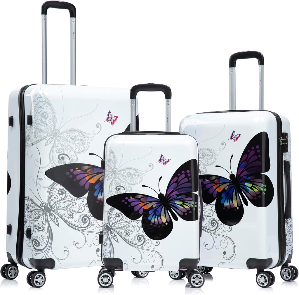 InUSA Butterfly Print Luggage with Spinner Wheels | Durable Lightweight Hardside Suitcase | Travel Bag with Handle and Trolley | (20in, 24in, 28in) 3 Piece Set