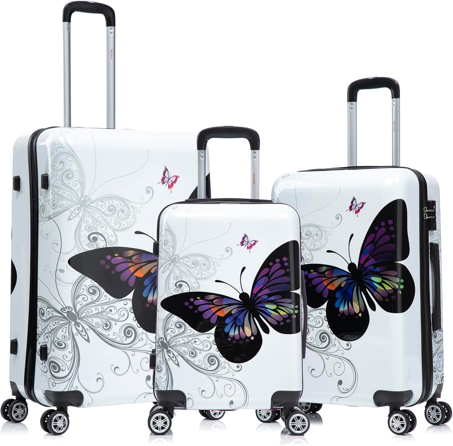 InUSA Butterfly Print Luggage with Spinner Wheels | Durable Lightweight Hardside Suitcase | Travel Bag with Handle and Trolley | (20in, 24in, 28in) 3 Piece Set