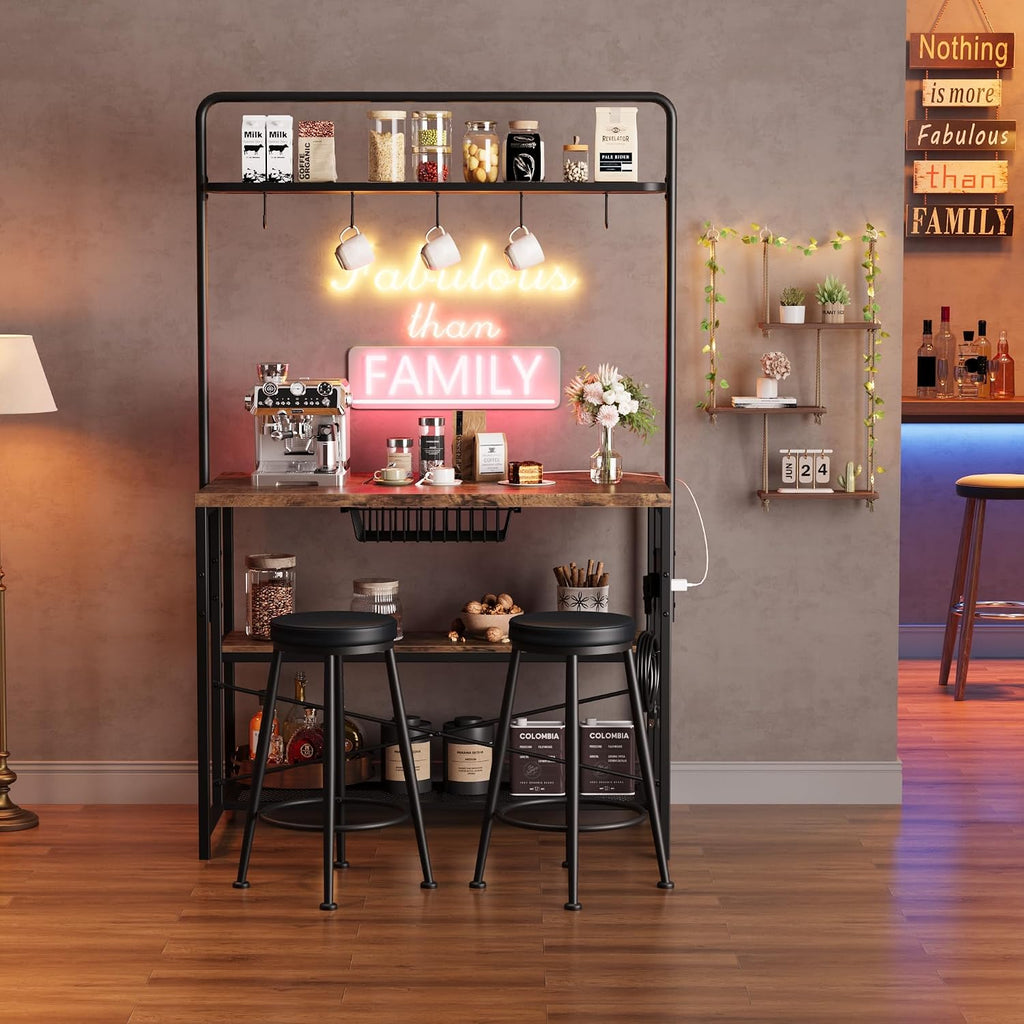Industrial Kitchen Island Dining Table with Power Outlet, 2 Bar Stools, 3-Tier Storage Shelves, 5 Hooks, Microwave Stand, Coffee Bar – Space-Saving Design – 42 Inch – Rustic Color