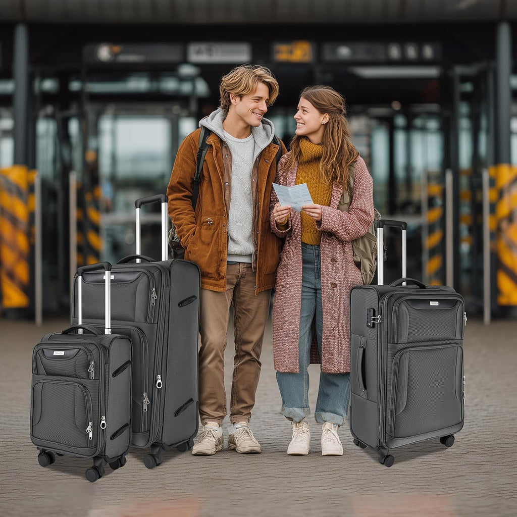 WireHot 3-Piece Softside Expandable Luggage Set with Front Open Pocket, Lightweight and Durable Oxford Fabric Suitcase Set with TSA Lock (Gray, 20in/24in/28in)