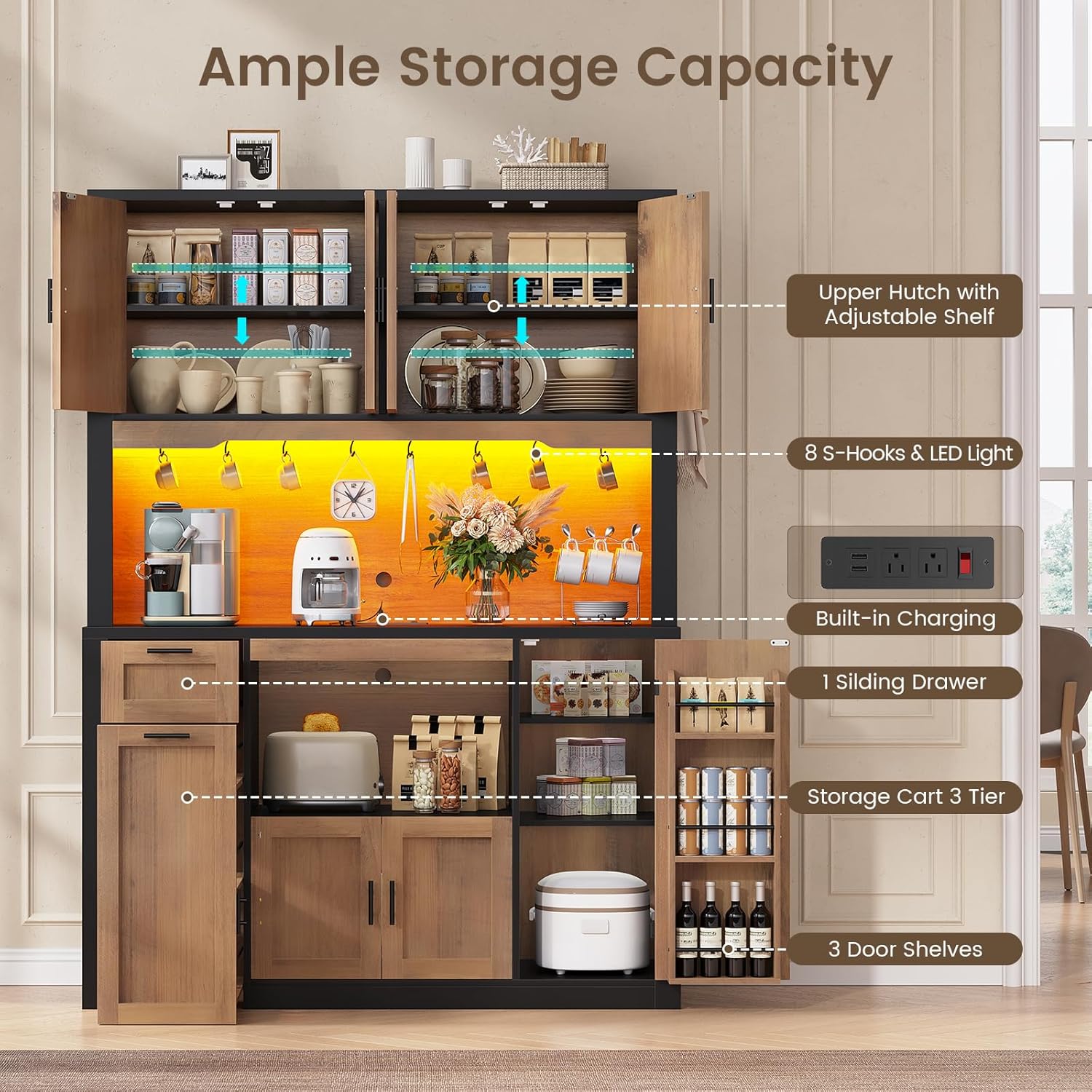 Itaar 71' Pantry Cabinet with Charging Station and LED Light, Kitchen Pantry Cabinet with Microwave Stand, 47.2' Wide Kitchen Storage Cabinets with Storage Cart 3 Tier for Dining Room,Brown