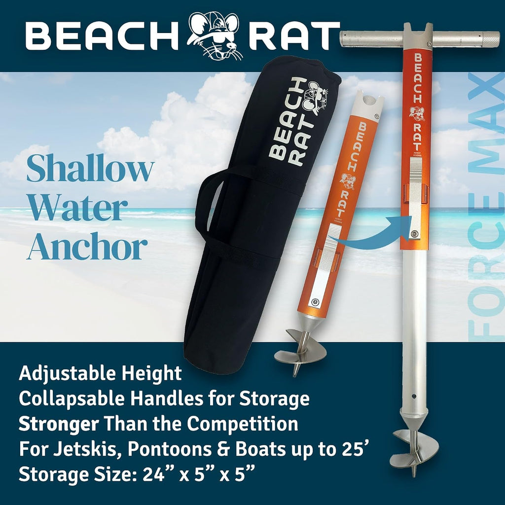 Beach Rat Anchor & Case - Pontoon, Tritoon, PWC Anchor - Shallow Water Boat Anchor & Sandbar Anchor, Screw in Boat Anchor, Stainless Steel & Aluminum Anchor Pole Accessory