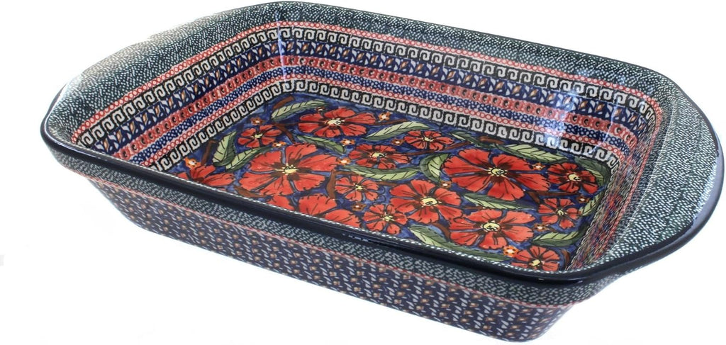 Blue Rose Polish Pottery - Red Jungle Flower Large Rectangular Baker with Handles - 11.5' x 9.25' - Unique, Dishwasher Safe, & Durable Bakeware