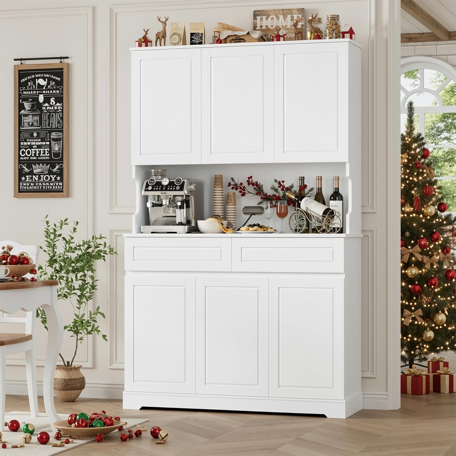 FACBOTALL 74' Pantry Cabinet, Tall Kitchen Pantry Cabinet with 6 Doors and 2 Drawers, Kitchen Hutch with Wide Countertop, Modern Kitchens Cupboard with Adjustable Shelves and Charge Holes, White