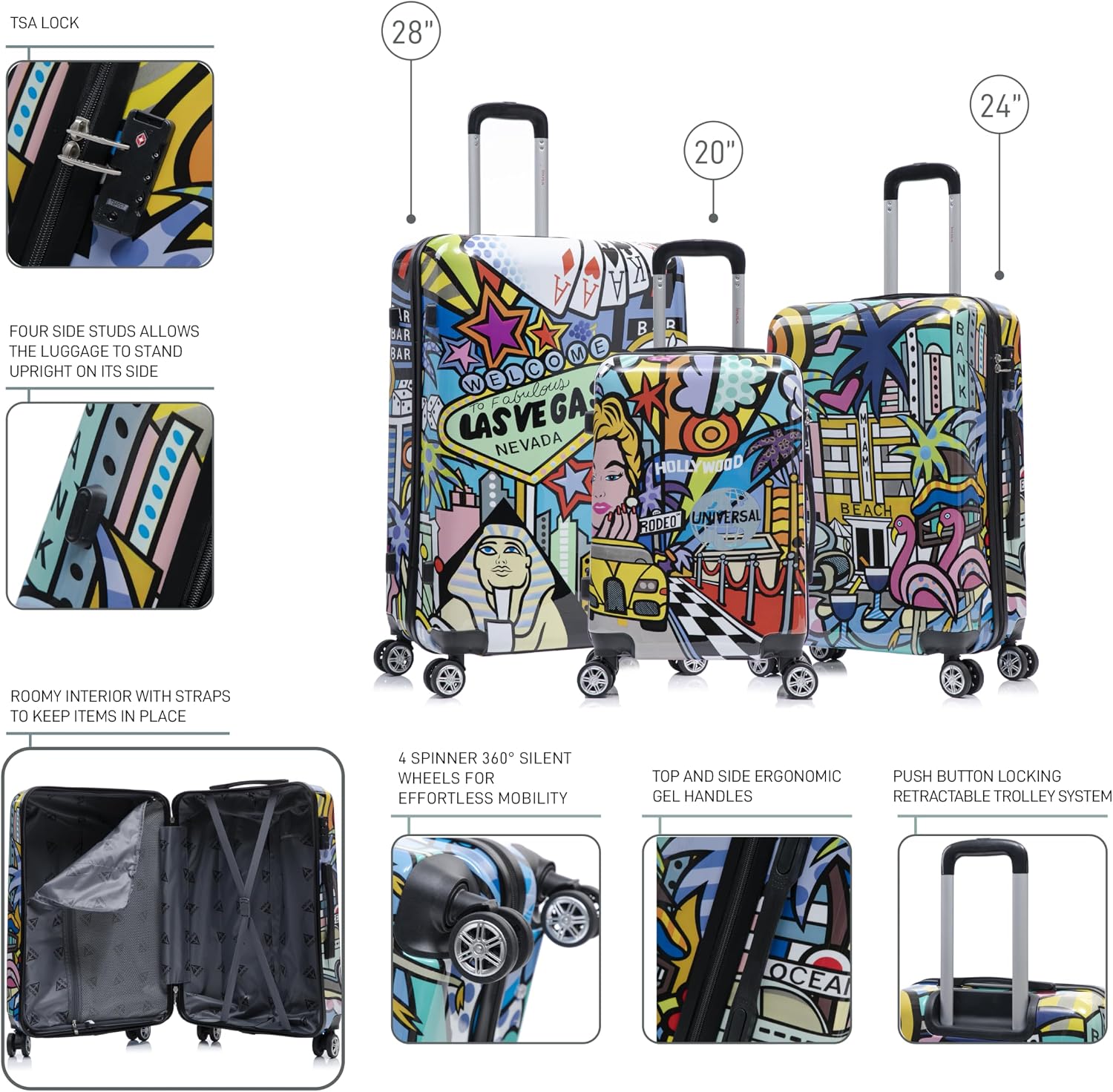 InUSA Cities Print Luggage with Spinner Wheels | Durable Lightweight Hardside Suitcase | Travel Bag with Handle and Trolley | (20in, 24in, 28in) 3 Piece Set