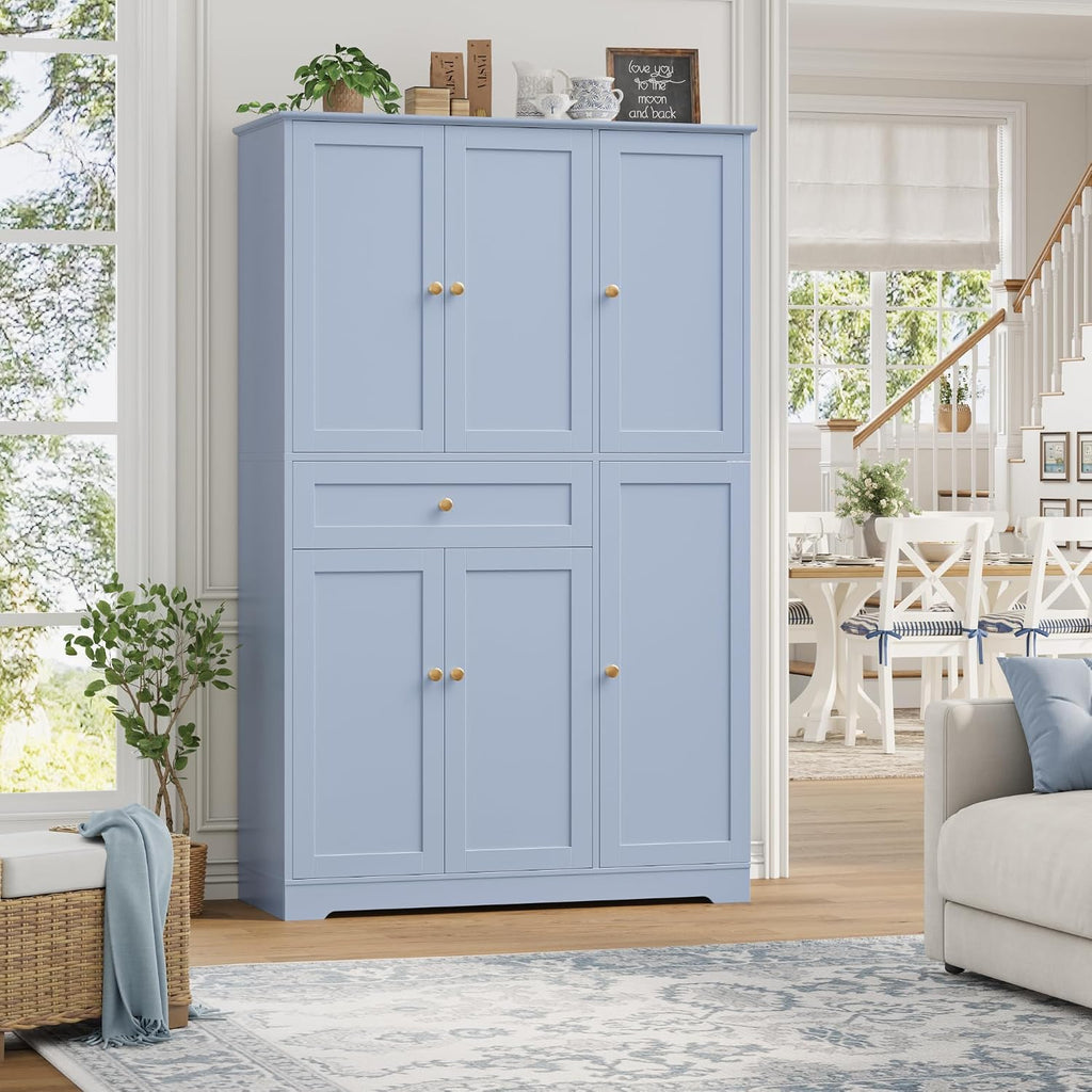 HOSTACK 68' Tall Kitchen Pantry Storage Cabinet, Modern Kitchen Hutch Cabinet with Doors and Shelves, Freestanding Food Pantry with Large Storage Drawer for Dining Room, Living Room, Light Blue