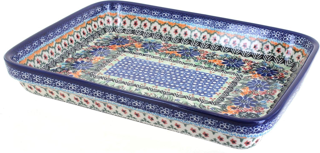 Blue Rose Polish Pottery - Orange Ashley Medium Rectangular Baker - 12' x 9.25' - Unique, Dishwasher Safe, & Durable Bakeware