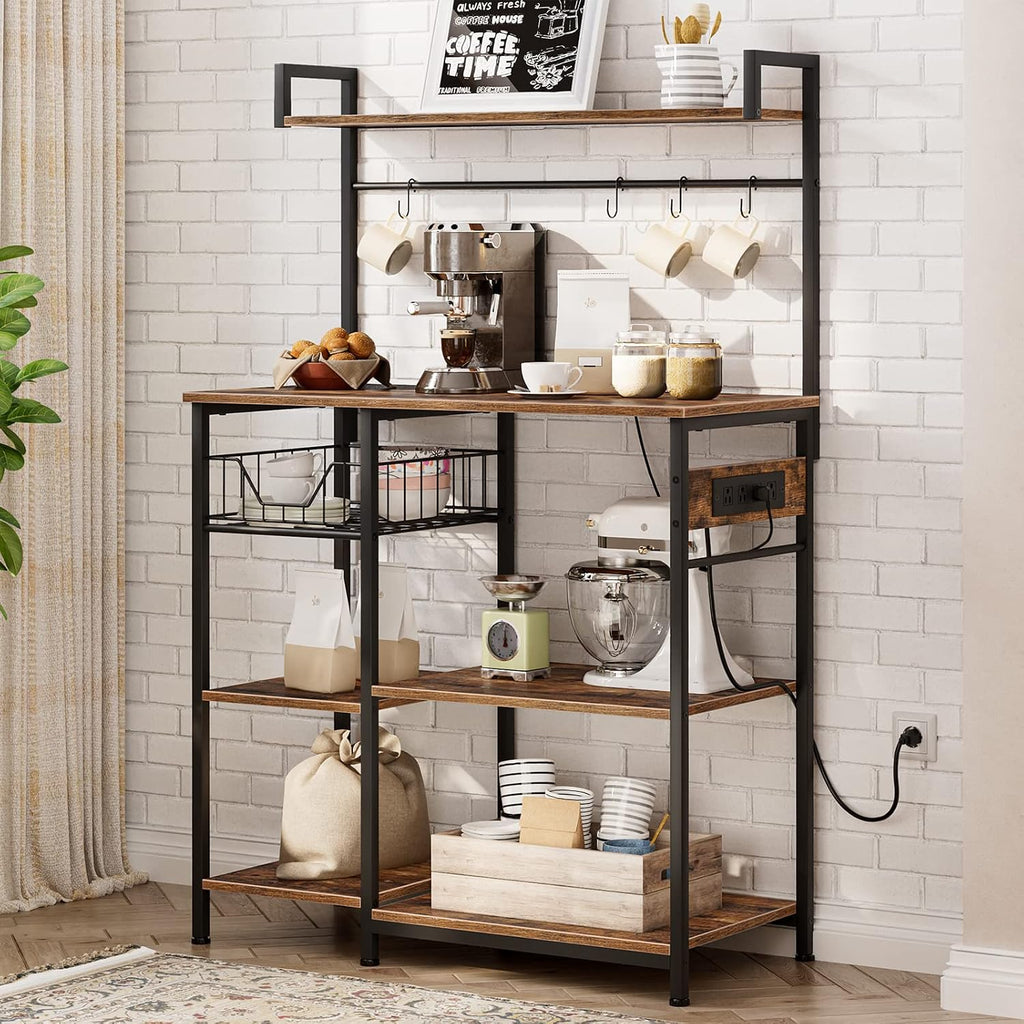 HOOBRO Kitchen Bakers Rack, Rustic Brown 3-Piece Bar Table Set with Power Outlet BF05UHB01-BF45UBT01