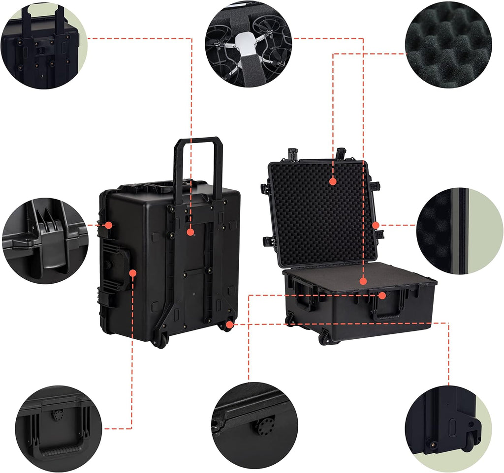 MEIJIA Portable All Weather Waterproof Hard Case, Camera Case with Customizable Fit Foam And Rolling Wheels, 24.8'X23.7'X13.17',Elegant Black