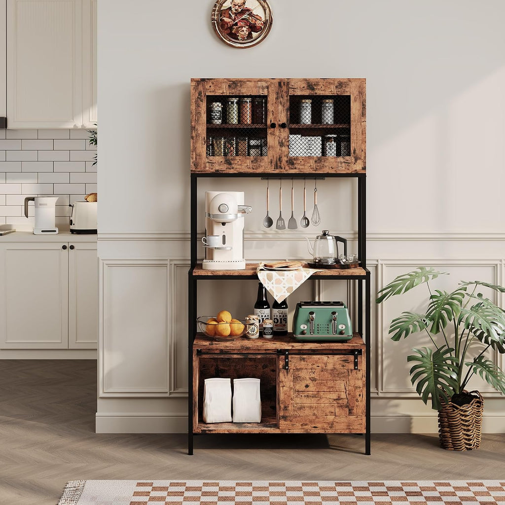 Industrial Bakers Rack with Charging Station, 5-Tier Storage Shelf, Utility Shelf with 2 Cabinets, Freestanding Microwave Stand for Kitchen, Apartment, Dining Room, Living Room - Vintage Brown