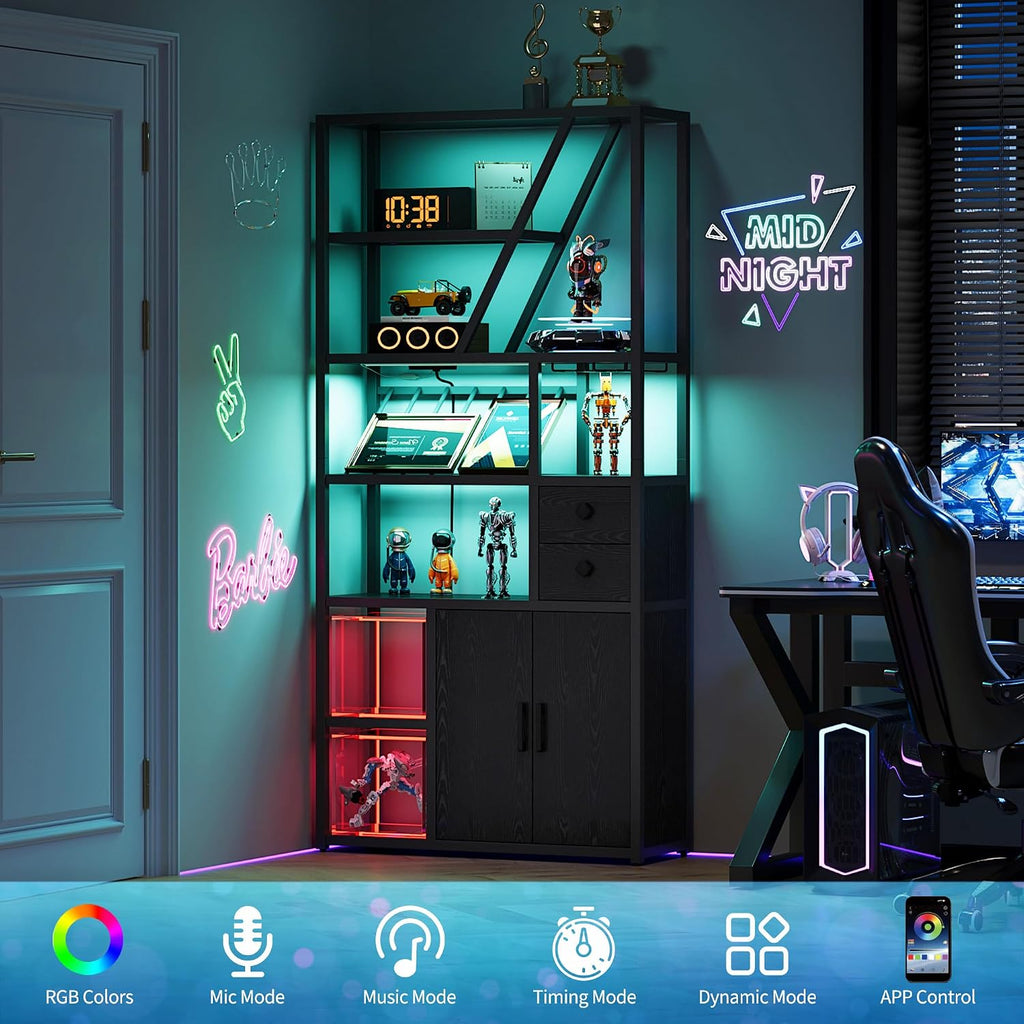 Wine Bar Cabinet with LED Lights and Power Outlets – Tall Coffee Bar Station with Wine Rack, Kitchen Microwave Stand and Bakers Rack – Stylish Cabinet for Living Room, Home, Dining Room, Black