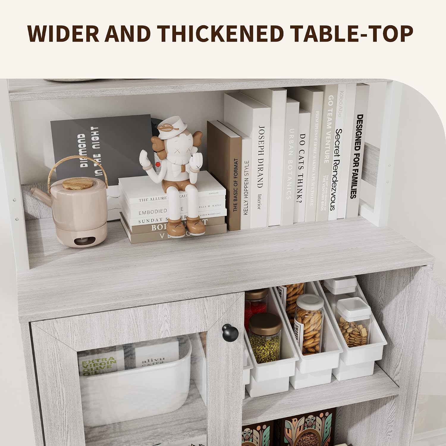 Takywep Coffee Bar Cabinet, Kitchen Bakers Rack + Power Outlet, Pantry Cabinet + RGB LED Lights + Music Sync, Display Cabinet + Glass Doors + Adjustable Shelves, 66.9' h，Gray