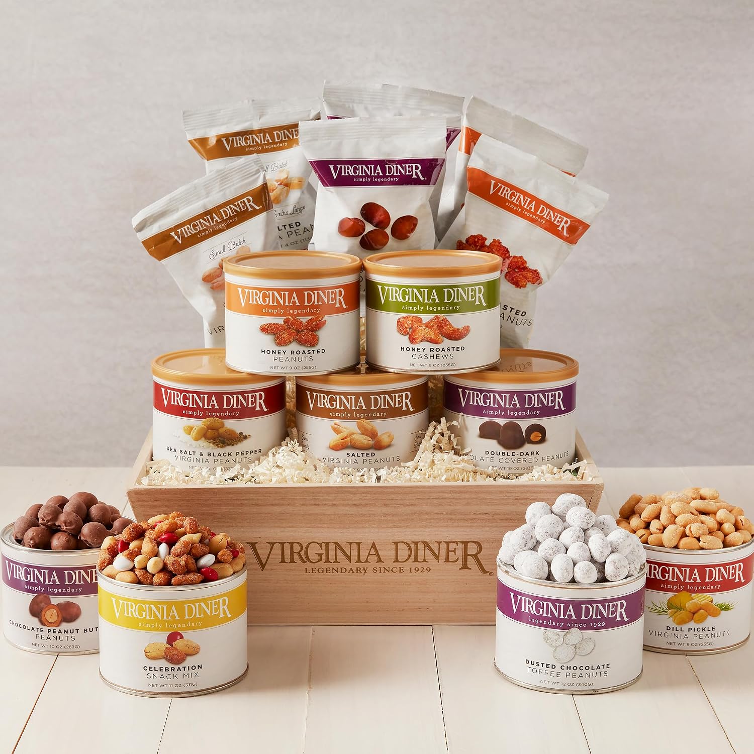 Virginia Diner Crafted Cravings Gift Set in Wooden Crate, 9 Assorted Nuts, Mixes and Chocolates, Over 6 Lbs