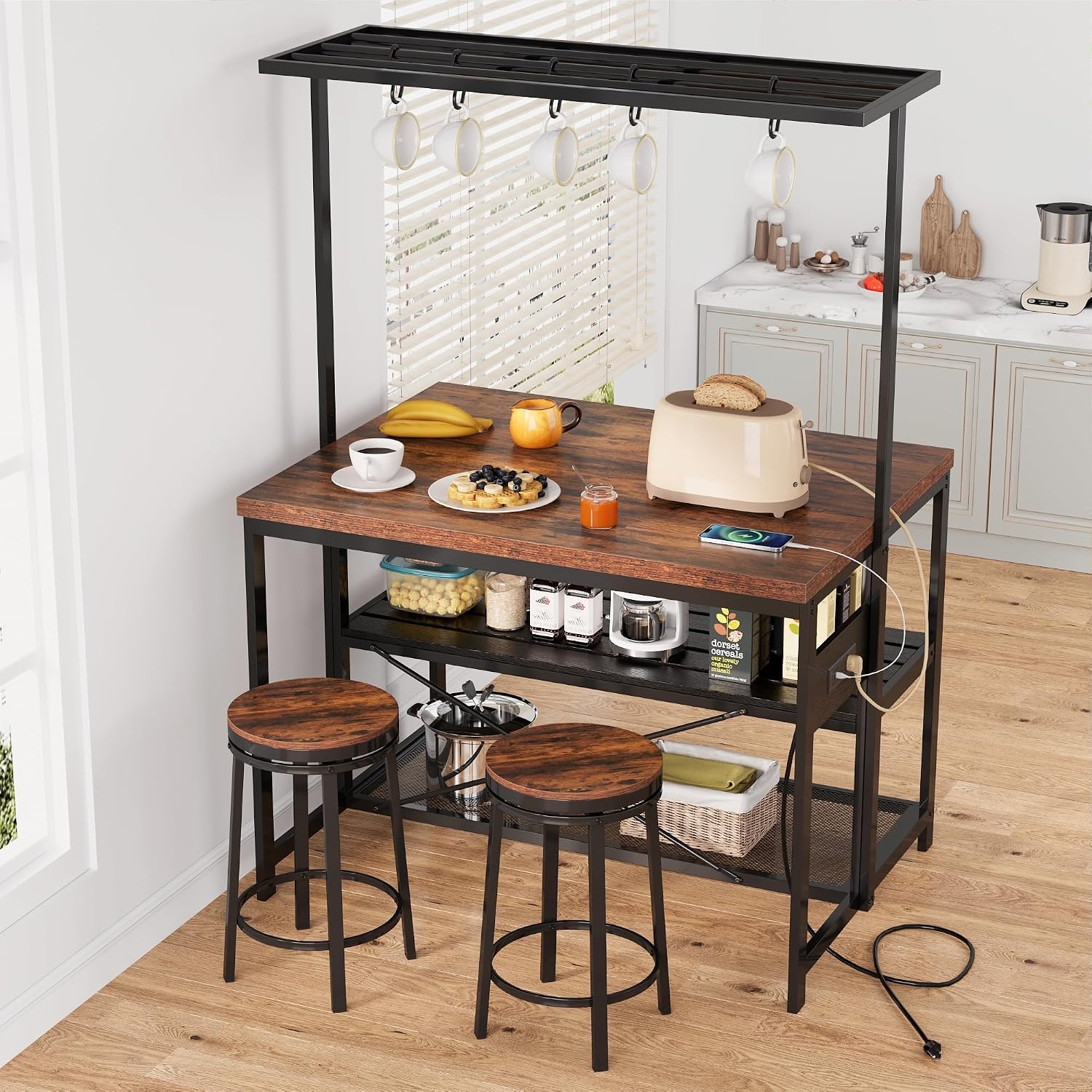 47 inch Kitchen Island with Storage & Power Outlets, Large Bakers Rack Microwave Stand with 3-Tier Shelves, 5 Hooks for Pantry Organization, Kitchen Counter Prep Table, Vintage