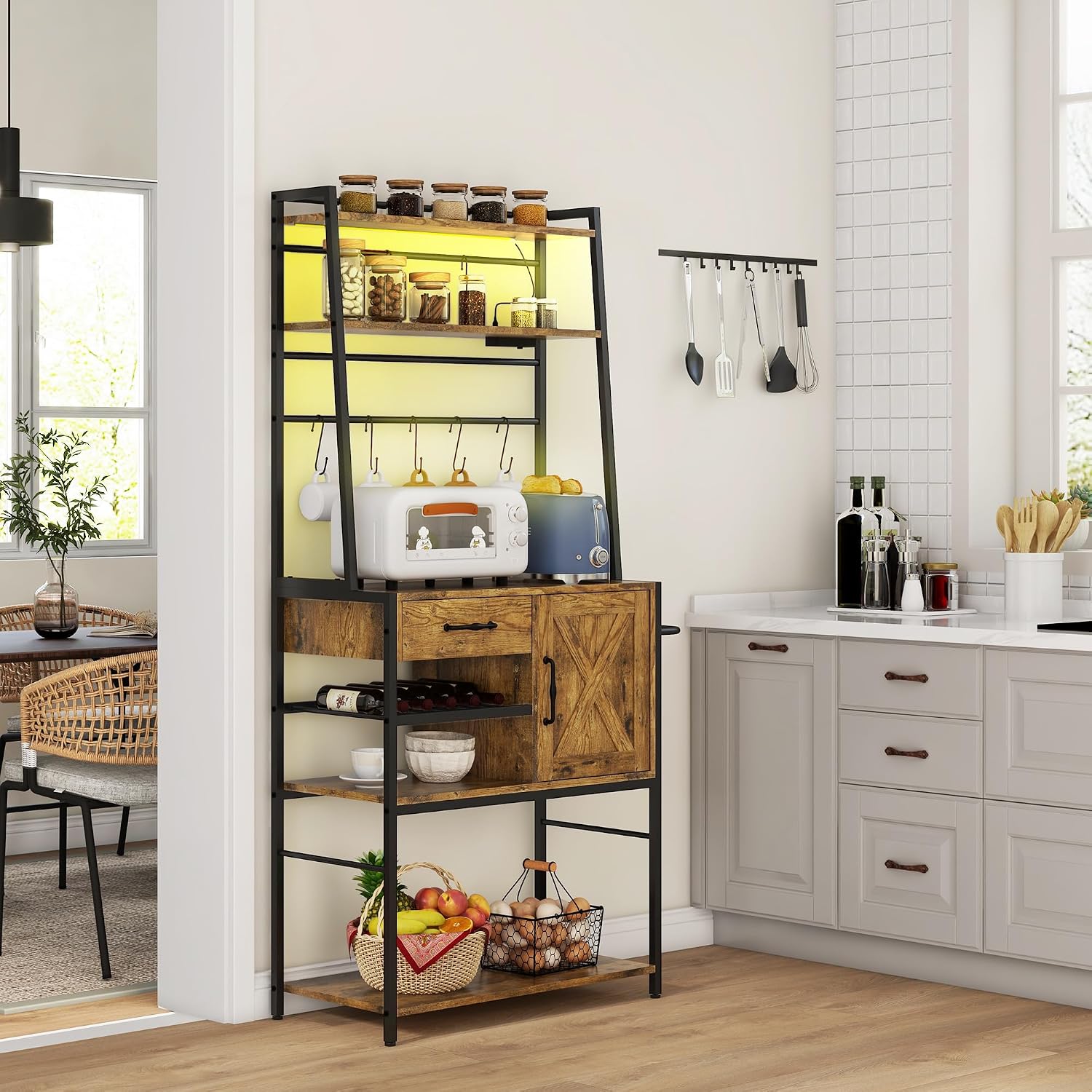 GOWE Baker's Rack with Power Outlet and LED Lights, Coffee Bar with Storage Shelves, Industrial Microwave Stand with Wine Bottle Rack, Drawer, Barn Door Cabinet, Rustic Brown