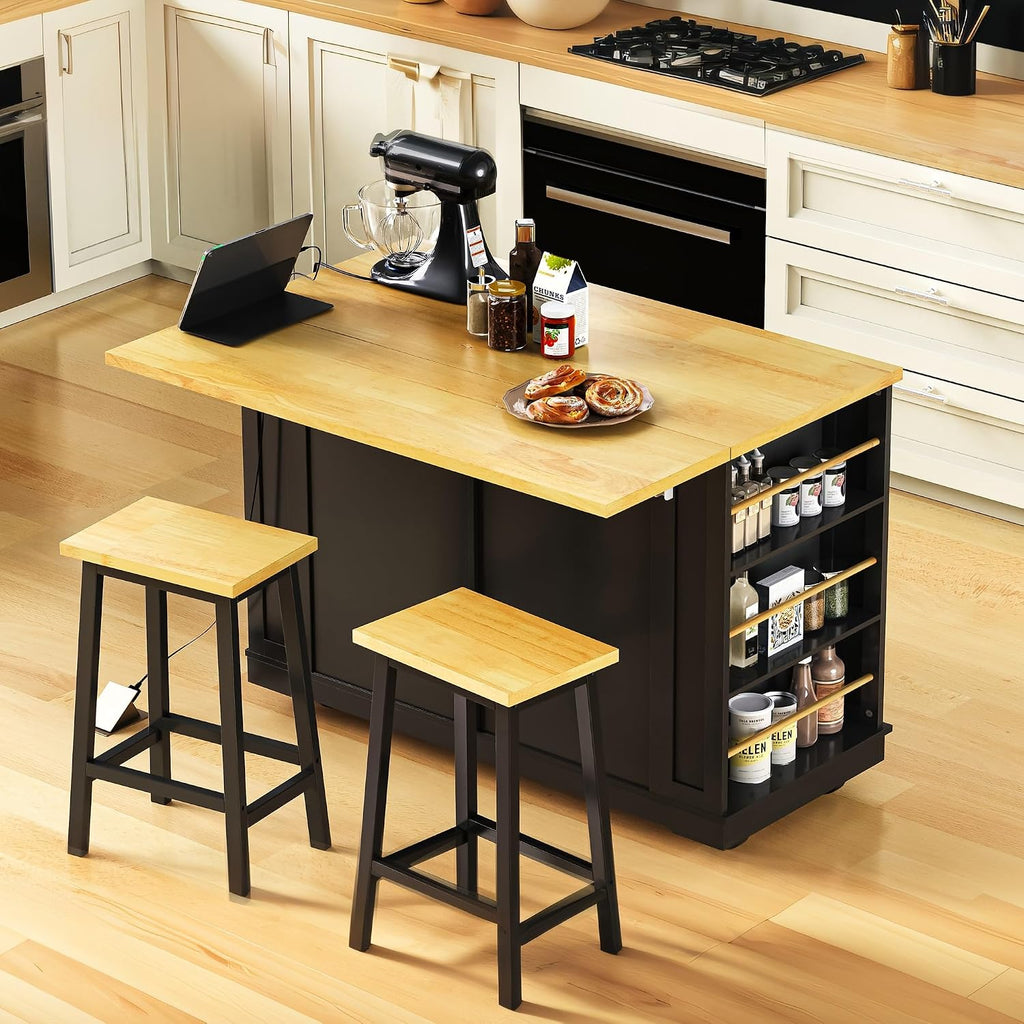 48 inch Rolling Kitchen Island Storage Cart on 5 Wheels with Drop Leaf, 2 Bar Stools, Power Outlet, Door Internal Storage Rack, 5 Open Side Racks, 2 Drawers for Dining Room, Home Bar Black
