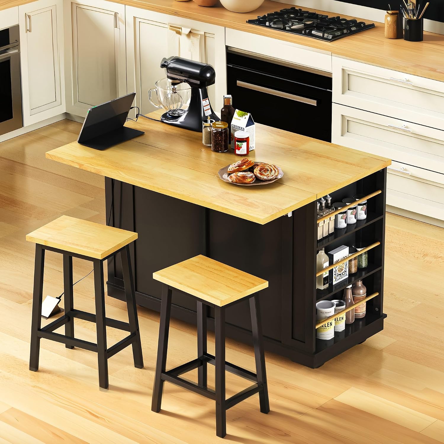 48 inch Rolling Kitchen Island Storage Cart on 5 Wheels with Drop Leaf, 2 Bar Stools, Power Outlet, Door Internal Storage Rack, 5 Open Side Racks, 2 Drawers for Dining Room, Home Bar Black