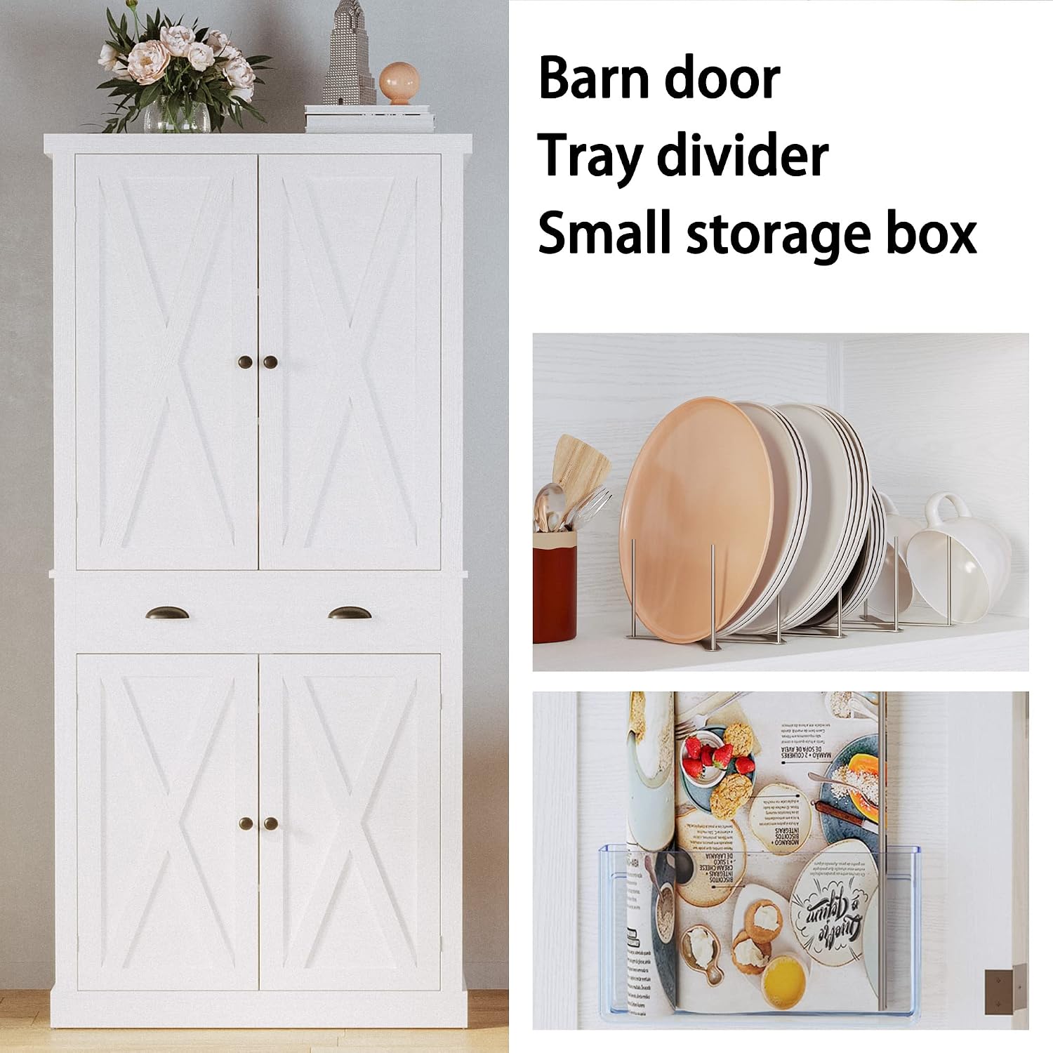 IRONCK Kitchen Pantry Storage Cabinet 72.6' H, with Barn Doors, Drawer, 4 Adjustable Shelves, Freestanding Cupboard, Laundry, White