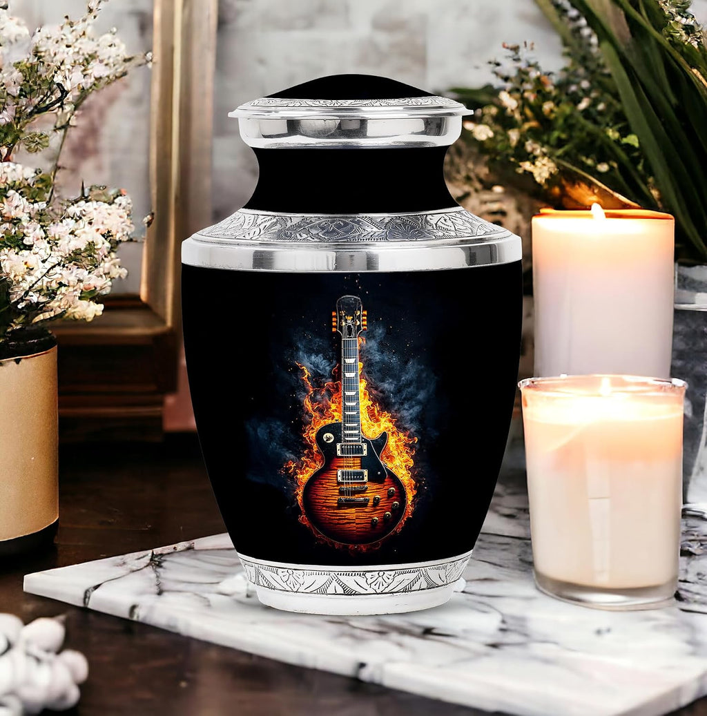 Guitar Urn for Ashes Adult Male & Female - Urns for Ashes - Funeral Memorial Set - Small Urns - Companion Urn - Hand Engraved - Combo of 10 Inch & 3 Inch
