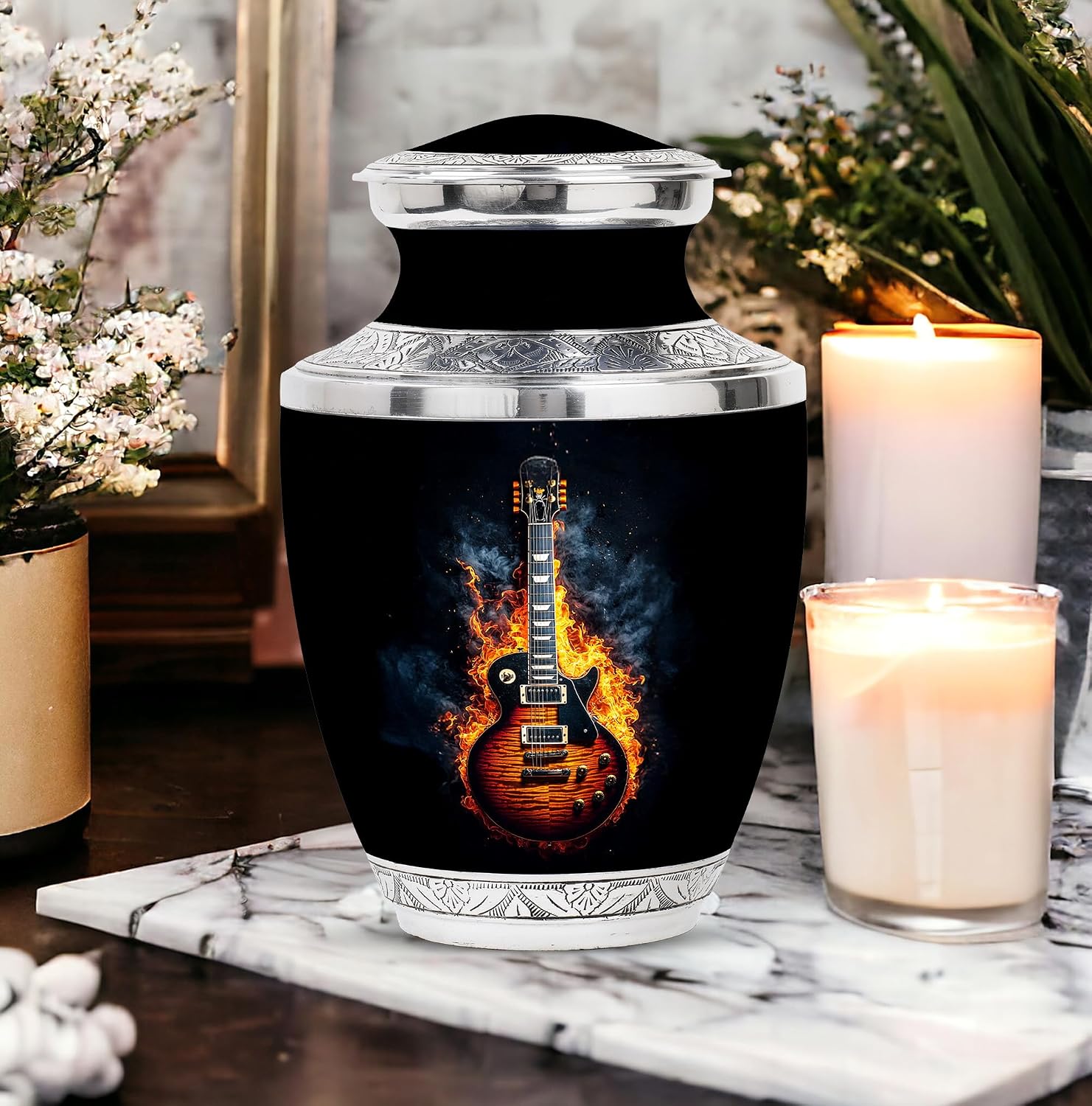 Guitar Urn for Ashes Adult Male & Female - Urns for Ashes - Funeral Memorial Set - Small Urns - Companion Urn - Hand Engraved - Combo of 10 Inch & 3 Inch