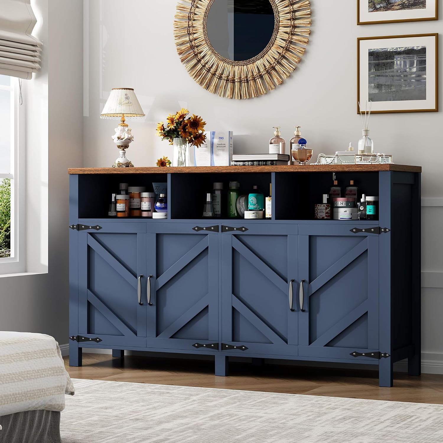 knoworld Buffet Sideboard with Storage Farmhouse with 4 Doors, 55'' Large Kitchen Storage Cabinet Wood Coffee Bar Buffet Table for Kitchen, Dining Room (Blue, 55 in)
