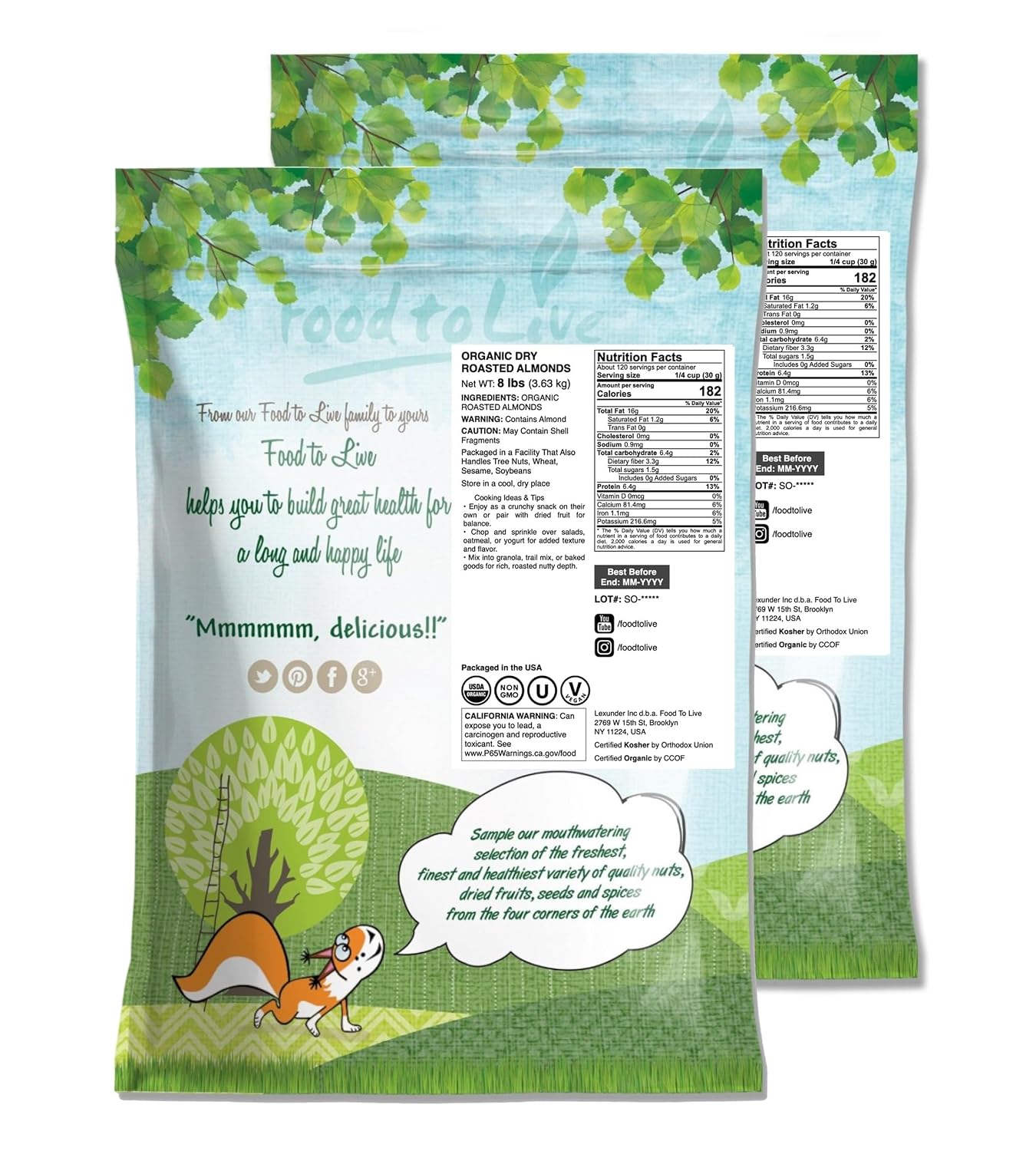 Food to Live Organic Dry Roasted Almonds, 16 Pounds – Non-GMO, Unsalted, Vegan, Keto, Paleo, Kosher, Bulk, High in Protein, Dietary Fiber, Vitamin E, Copper, Manganese, Magnesium, and Riboflavin.
