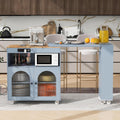 Rolling Kitchen Island Set with Extended Table LED Lights Power Outlets 2 Fluted Glass Doors a Storage Compartment, Side 3 Open Shelves for Dining Room Kitchens Living Room Grey Blue