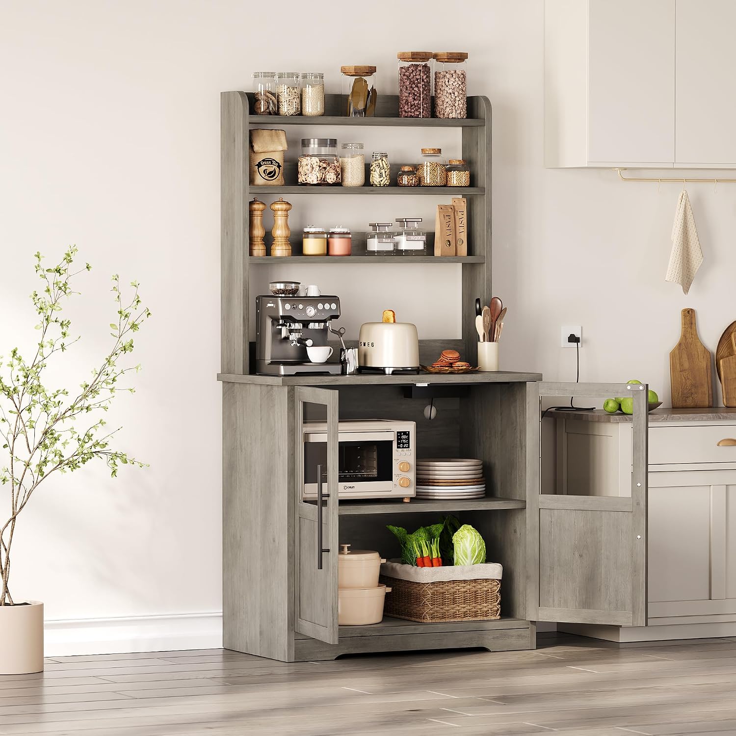 Bakers Rack with Storage Cabinet, Farmhouse Microwave Stand with Power Outlets & Glass Doors, Small Kitchen Bakers Rack with Thick Table Top, Coffee Bar Station, Retro Gray