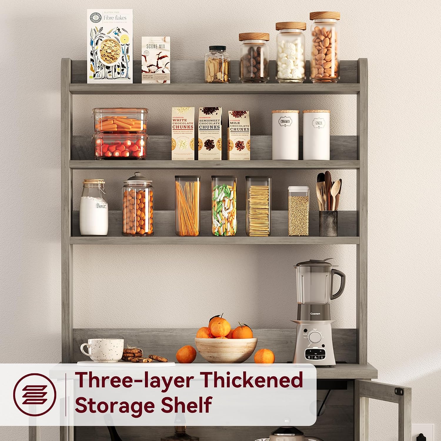 6-Tier Kitchen Bakers Rack With Power Outlet Microwave Stand Bakers Rack With Storage Cabinet Farmhouse Small Kitchen Pantry Hutch With Door Thickened Counter, Coffee Bar Storage Shelves, Grey
