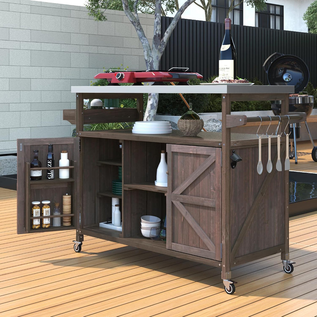 Outdoor Kitchen Island Rolling Bar Cart & Storage Cabinet Farmhouse Solid Wood Grill Table with Stainless Steel Top, Spice Rack, Towel Rack for Dining Room Kitchens BBQ Outdoor Dark Brown