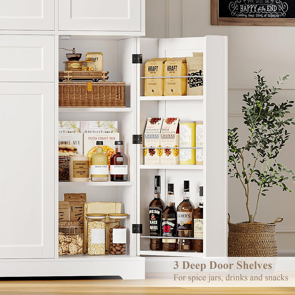 HOSTACK 68' Tall Kitchen Pantry Storage Cabinet, Modern Kitchen Hutch Cabinet with Doors and Shelves, Freestanding Food Pantry with Large Storage Drawer for Dining Room, Living Room, White
