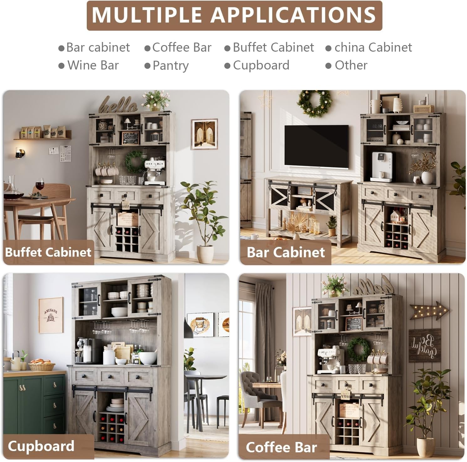 72 in Farmhouse Bar Cabinet with Sliding Barn Door, Tall Kitchen Buffet with Storage Hutch and 3 Drawer, Rustic Coffee Wine Bar Sideboard with Wine & Glasses Rack, for Living Room, Washed Grey