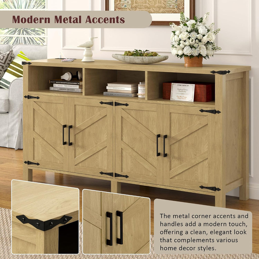 59' Modern Freestanding Storage Cabinet, Kitchen Storage Bakers Rack with Power Outlets, Utility Food Cupboard with Adjustable Shelves for Dining Room Living Room, Natural Wood