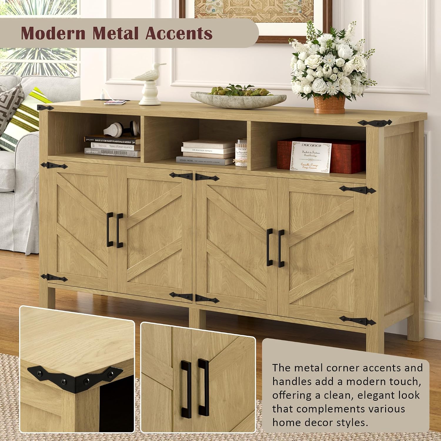 59' Modern Freestanding Storage Cabinet, Kitchen Storage Bakers Rack with Power Outlets, Utility Food Cupboard with Adjustable Shelves for Dining Room Living Room, Natural Wood