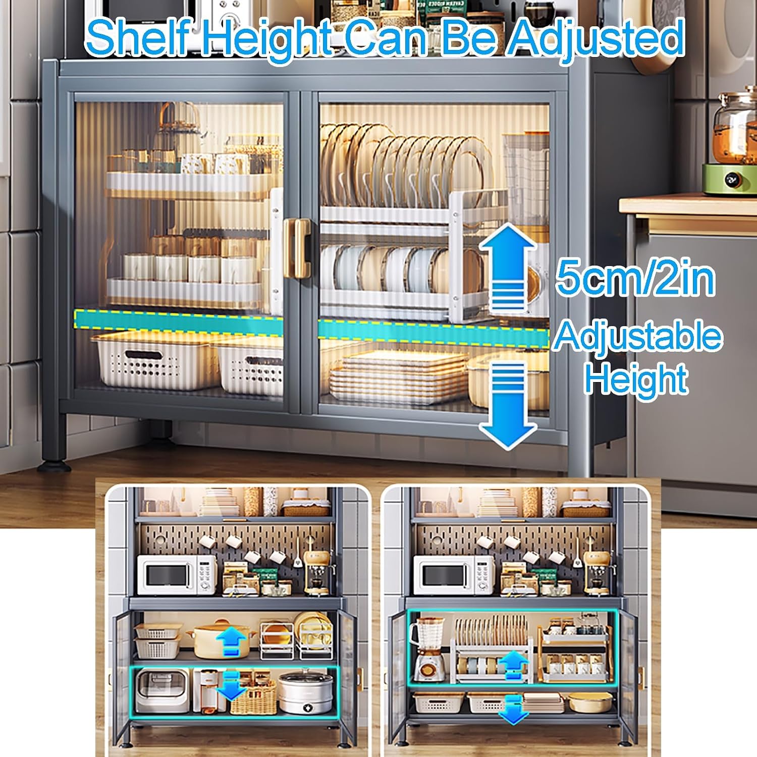Kitchen Cabinet Storage, Bakers Rack with Power Outlets, 5-Tier Kitchen Storage Shelf, Large Kitchen Storage Shelves with Wheels, for Garage Pantry Kitchen Home (Color : Black, Size : 60cm/23.6in)