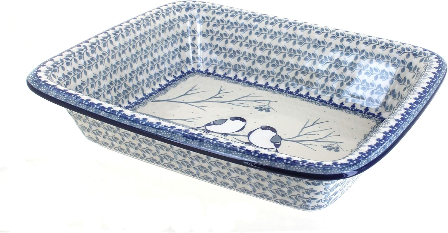 Blue Rose Polish Pottery - Bluebird Medium Rectangular Baker - 12.25' x 10' - Unique, Dishwasher Safe, & Durable Bakeware