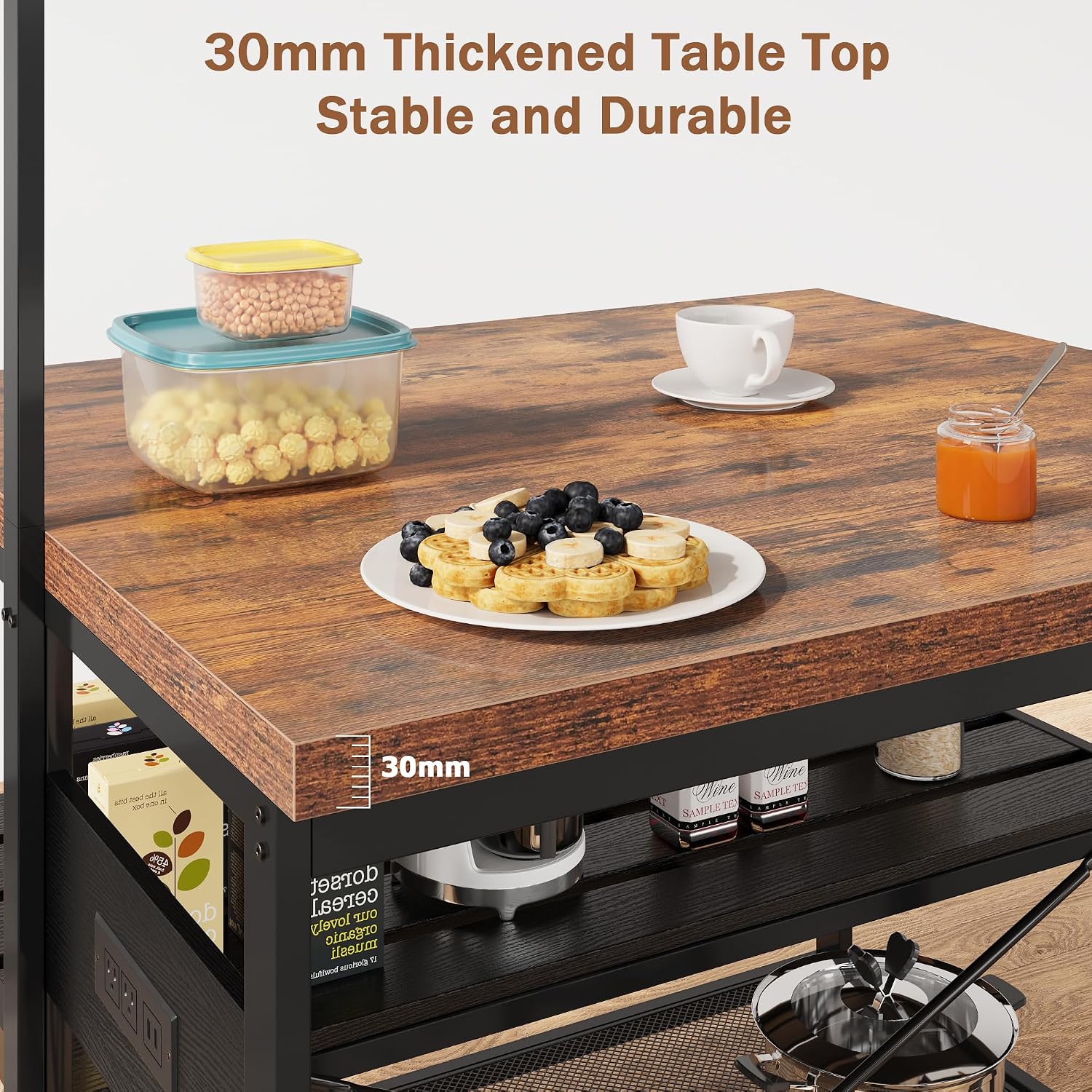 Multifunctional Kitchen Island, Kitchen Counter Prep Table with 3-Tier Shelves, Island Table for Kitchen with Storage & Power Outlet, Bakers Rack, 5 Hooks Kitchen Coffee Station