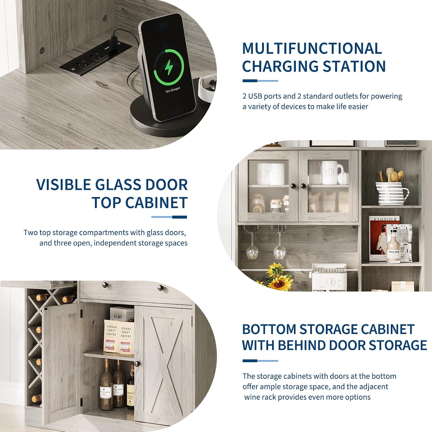 Coffee Bar Cabinet with Power Outlet & Exquisite Barn Doors, 72'' Sideboard Buffet Cabinet with Wine Bottle Rack, Large Kitchen Buffet with Storage and Wine Rack for Kitchen, Dining Room, Living Room