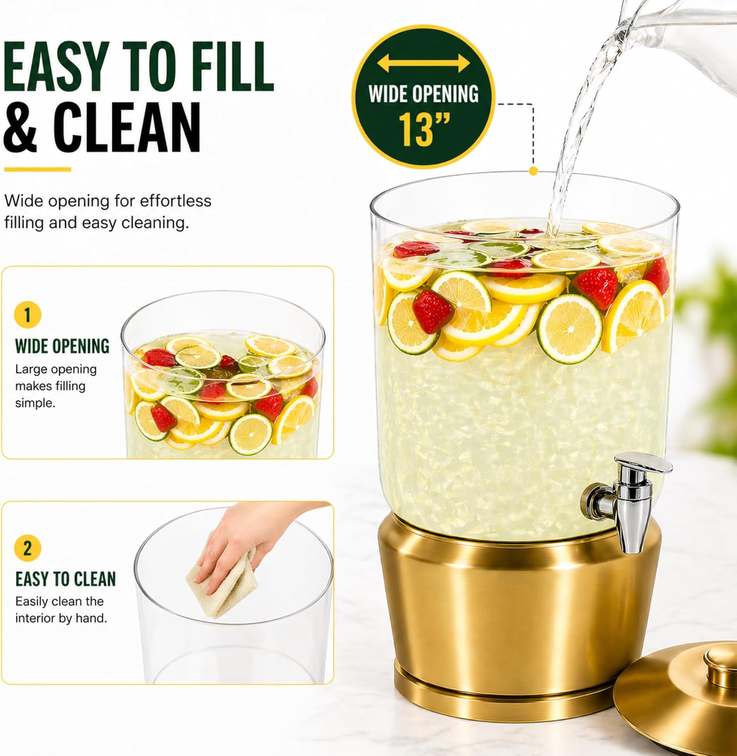 Drink Dispenser with Ice Chambers, Lemonade Tea Water Dispenser with Spigot, Stainless Steel Beverage Jar Jug, Perfect for Home Parties, Weddings, Gifts & Events (Gold, 5, Gallons)