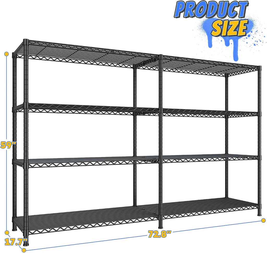REIBII 72.8' W Storage Shelves Load 1500LBS, 4 Tier Metal Shelving Unit Wire Shelving for Storage Rack Heavy Duty Metal Shelves for Garage Pantry Kitchen, 17.7' D x 72.8' W x 59' H
