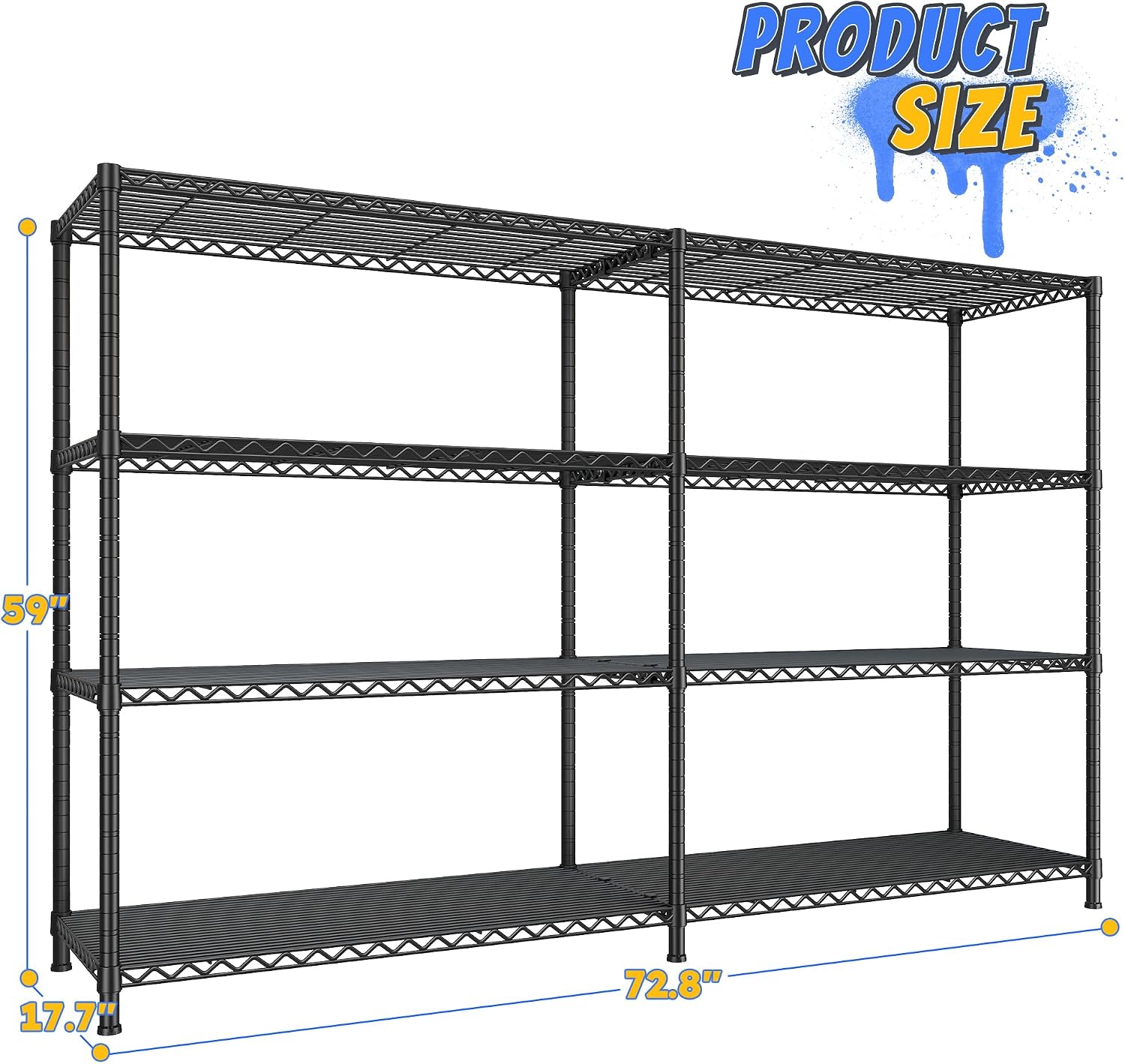 REIBII 72.8' W Storage Shelves Load 1500LBS, 4 Tier Metal Shelving Unit Wire Shelving for Storage Rack Heavy Duty Metal Shelves for Garage Pantry Kitchen, 17.7' D x 72.8' W x 59' H