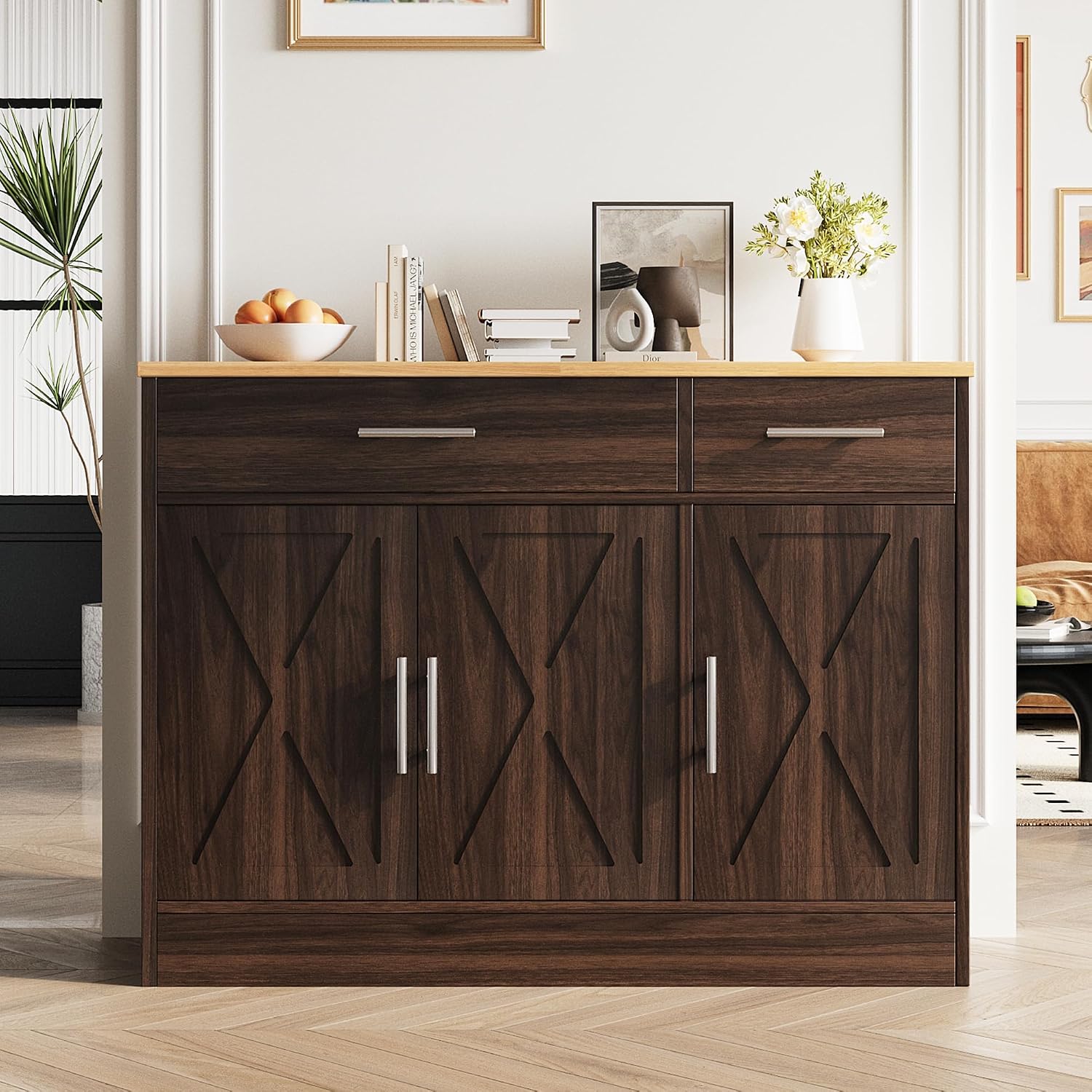 Vongrasig Sideboard Buffet Cabinet with Storage, 43' Farmhouse Coffee Bar Storage Cabinet with Drawers and Shelves, Modern Buffet Table for Kitchen, Dining Room, Rustic Brown