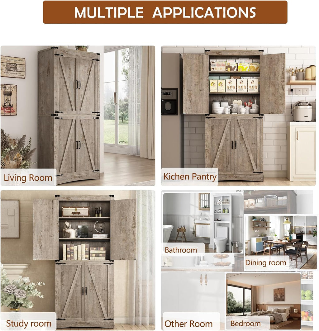 71' Tall Kitchen Pantry,Farmhouse Storage Cabinet with Adjustable Shelves,Load-Bearing Steel Pipe,Farmhouse Pantry Cabinet with 4 Barn Doors,for Kitchen,Dining Room,Living Room(Light Rustic Oak)