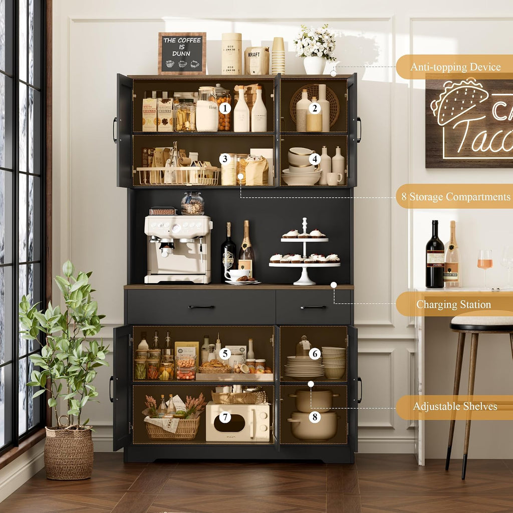 HOSTACK 71' Pantry Cabinet with Charging Station, Tall Kitchen Pantry Storage Cabinet with Microwave Stand, Farmhouse Kitchen Hutch with Storage Drawers for Living Room, Dining Room, Black