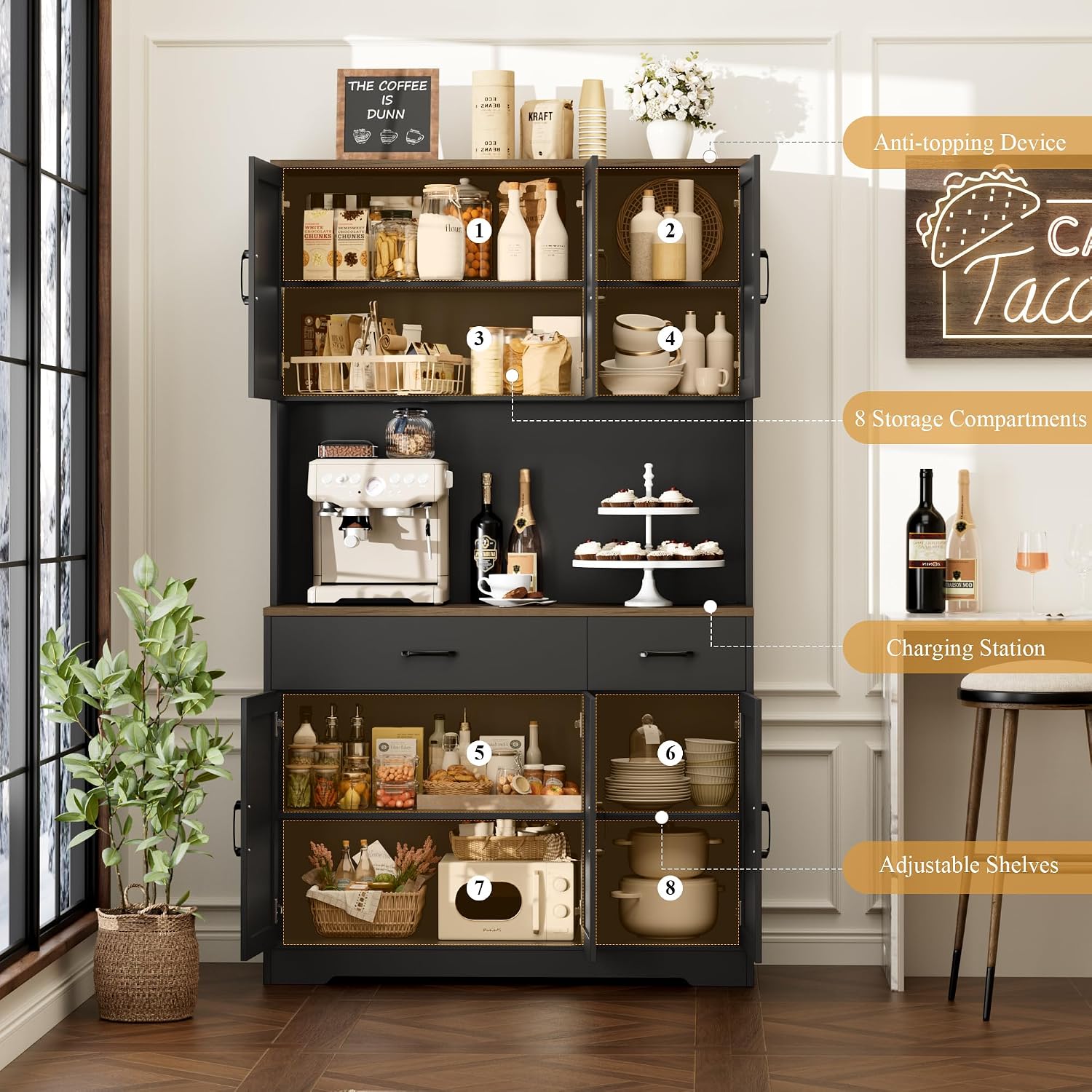 HOSTACK 71' Pantry Cabinet with Charging Station, Tall Kitchen Pantry Storage Cabinet with Microwave Stand, Farmhouse Kitchen Hutch with Storage Drawers for Living Room, Dining Room, Black