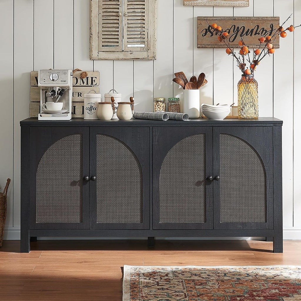 Okvnbjk Sideboard Buffet Cabinet with Storage, 60inch Kitchen Buffet Table with Soft Closing Door Hinges, Rattan Coffee Bar Cabinet for Living Room, Dining Room, Black