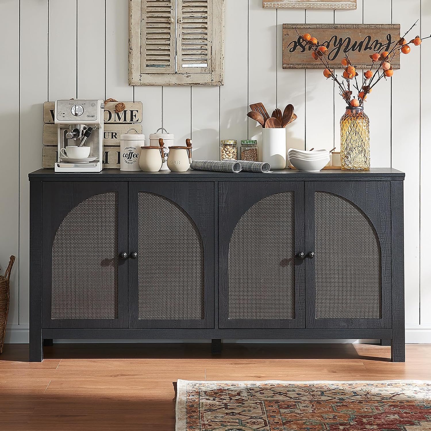 Okvnbjk Sideboard Buffet Cabinet with Storage, 60inch Kitchen Buffet Table with Soft Closing Door Hinges, Rattan Coffee Bar Cabinet for Living Room, Dining Room, Black